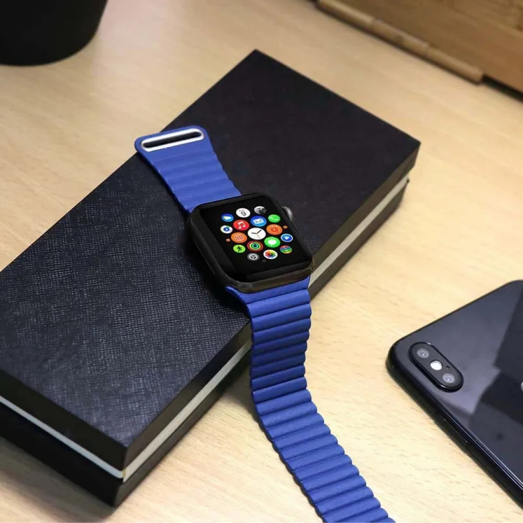 Porodo Leather Smart Watch Band For Apple Watch 44mm / 42mm Navy 