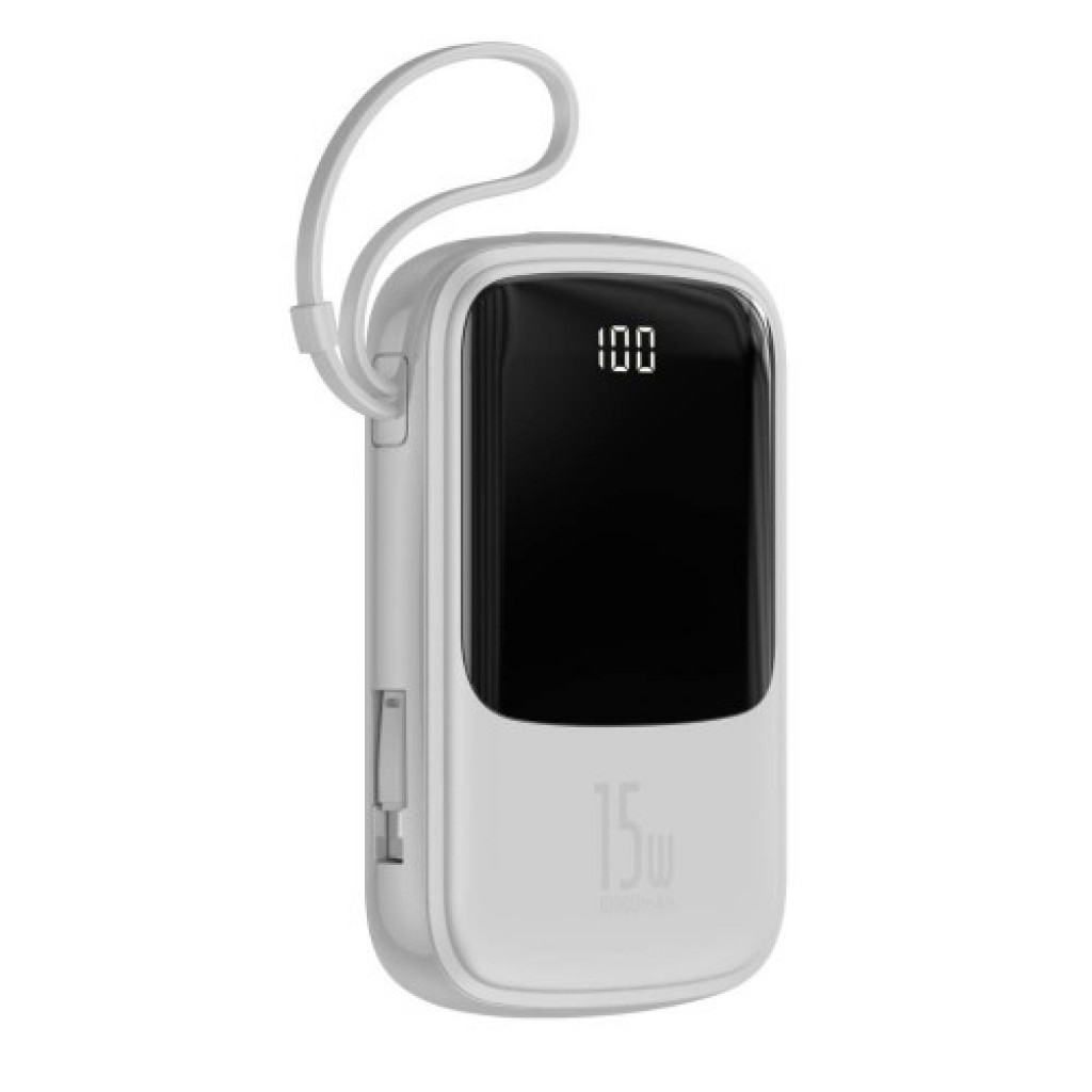 Baseus PPQD-B02 - Qpow Digital Display Power Bank (10000mAh - 15W - 3A - 5V) With Lightning Cable, Compatible With Apple iPhone iPad Samsung Huawei Xiaomi Oppo - White