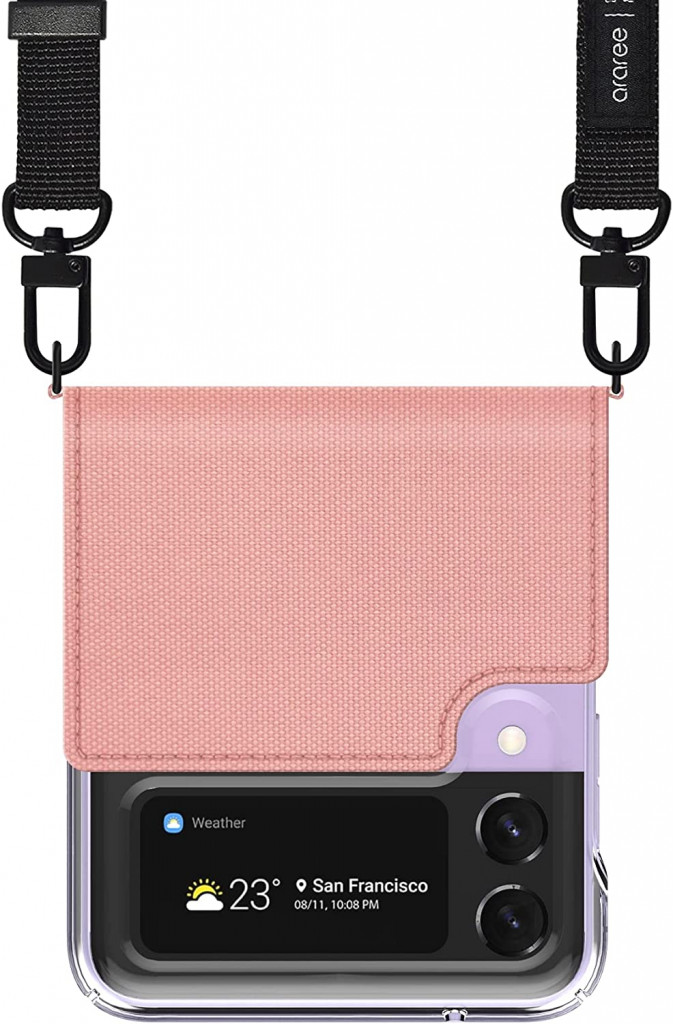 غطاء قلاب من القماش الملون لمذكرة من RAree متوافق مع Samsung Galaxy Z Flip 3 5G (2021) هيكل داخلي قوي من البولي كربونات مع جراب رائع مع حزام كتف مريح (وردي مرجاني اللون) 