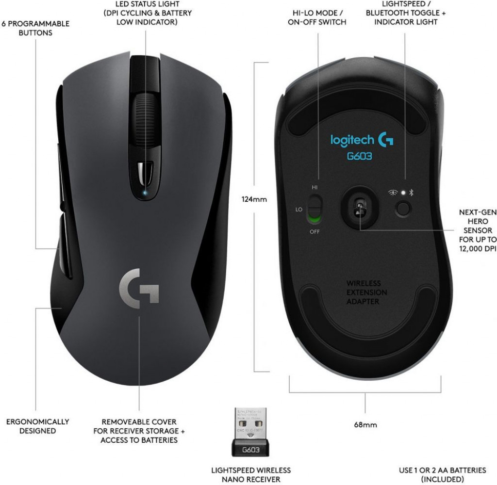 Logitech G603 Lightspeed Wireless Gaming Mouse - Black