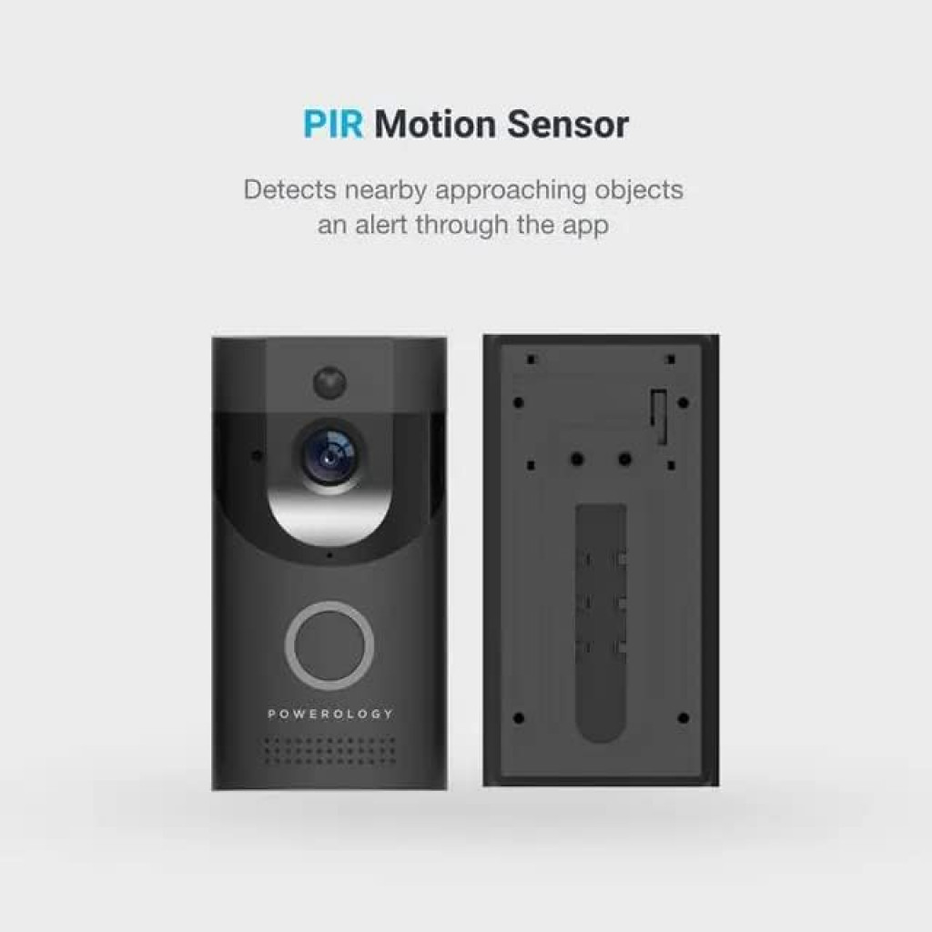Powerology Smart Video Doorbell With Two Way Talk, Motion Sensor, Mobile Notification,166 Degree, Night Vision, IPX4 Water Resistant, Up to 32GB Compatible with iOS/Android App - Black
