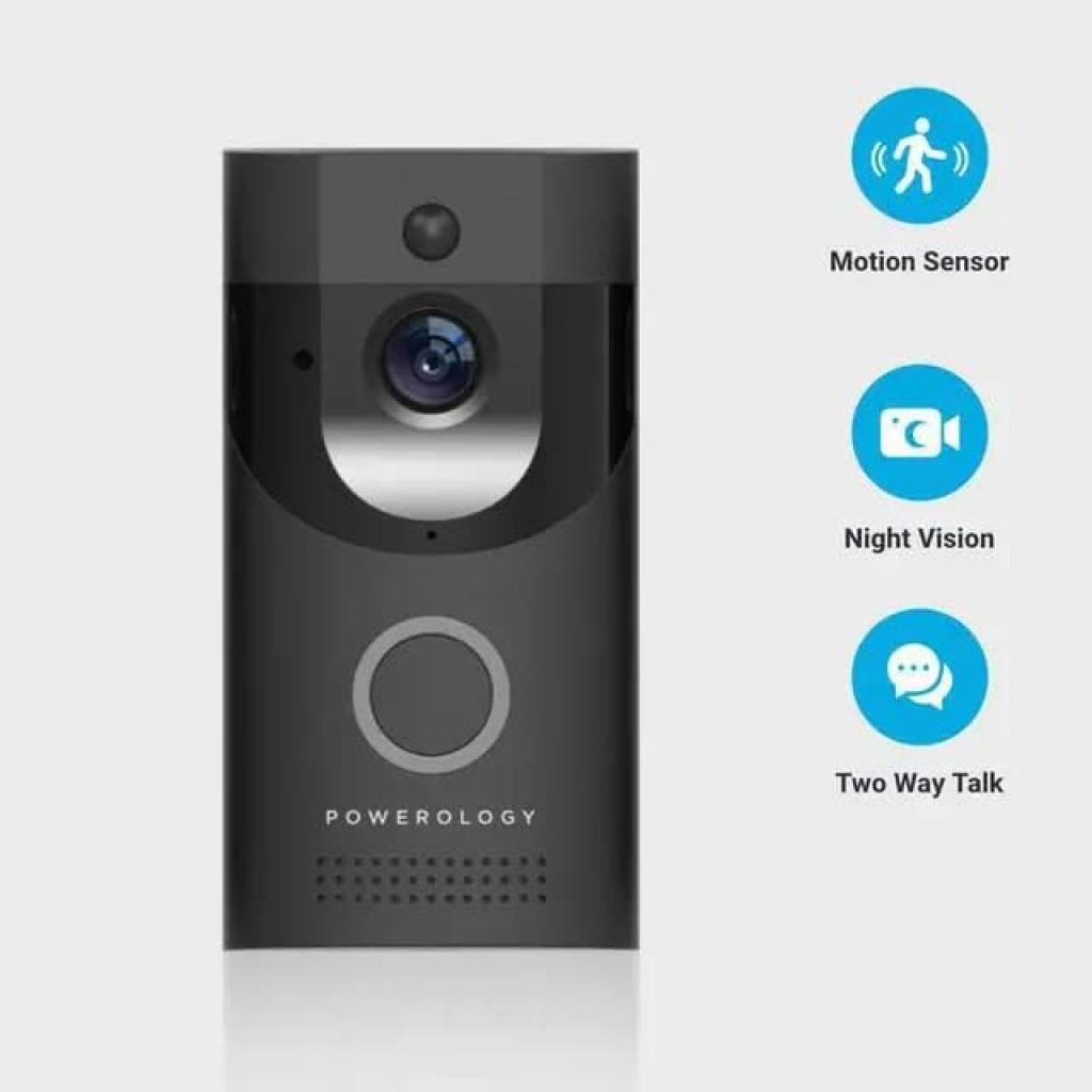 Powerology Smart Video Doorbell With Two Way Talk, Motion Sensor, Mobile Notification,166 Degree, Night Vision, IPX4 Water Resistant, Up to 32GB Compatible with iOS/Android App - Black