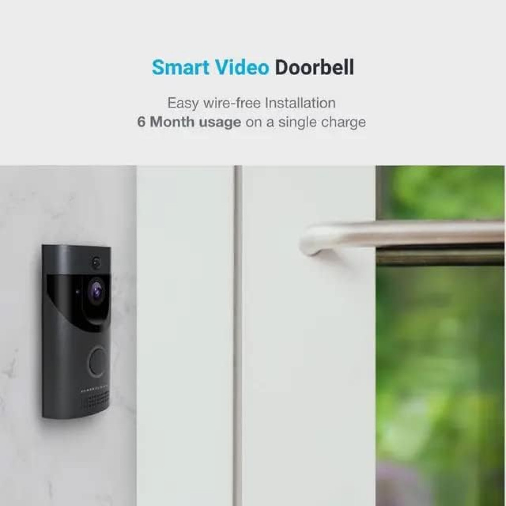 Powerology Smart Video Doorbell With Two Way Talk, Motion Sensor, Mobile Notification,166 Degree, Night Vision, IPX4 Water Resistant, Up to 32GB Compatible with iOS/Android App - Black