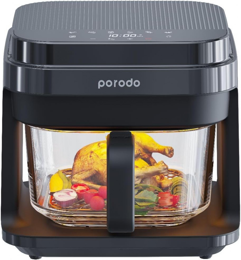 Porodo Advanced 5.5L Full Glass Air Fryer 1200W, Turbo Air and Heat Circulation With Touch Control Panel, 6 Preset DIY Modes,Dish Washer Safe, Single Basket & Baking Tray - Black Porodo Advanced 5.5L Full Glass Air Fryer 1200W, Turbo Air and Heat Circulation With Touch Control Panel, 6 Preset DIY Modes,Dish Washer Safe, Single Basket & Baking Tray - Black
