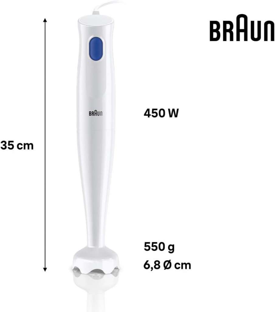 Braun MultiQuick 1 Hand Blender 450 Watts, 1 Speed, Light-Weight, BPA Free, Dishwasher Safe, Plastic - MQ 10.001P Braun MultiQuick 1 Hand Blender 450 Watts, 1 Speed, Light-Weight, BPA Free, Dishwasher Safe, Plastic - MQ 10.001P