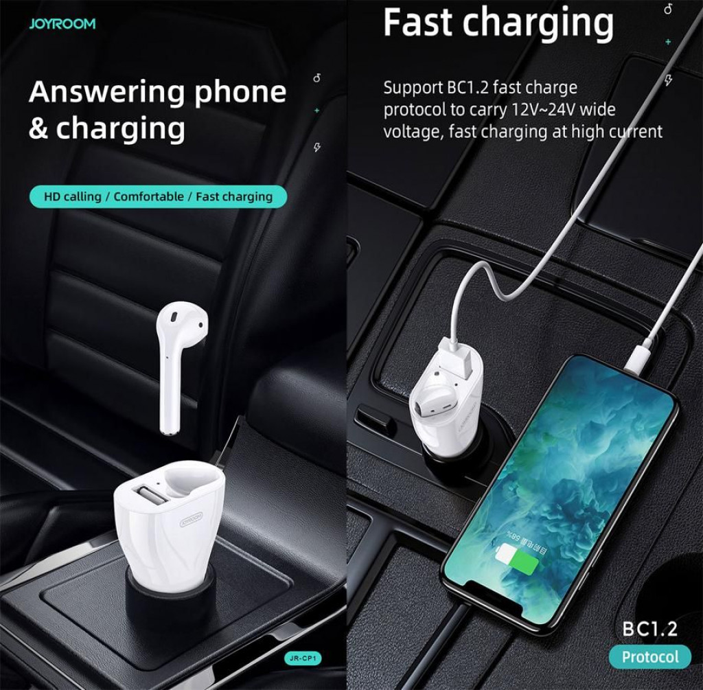 JOYROOM JR-CP1 Bluetooth Earphone Wireless Earbud Wireless Stereo Headset USB Fast Car Charger - White