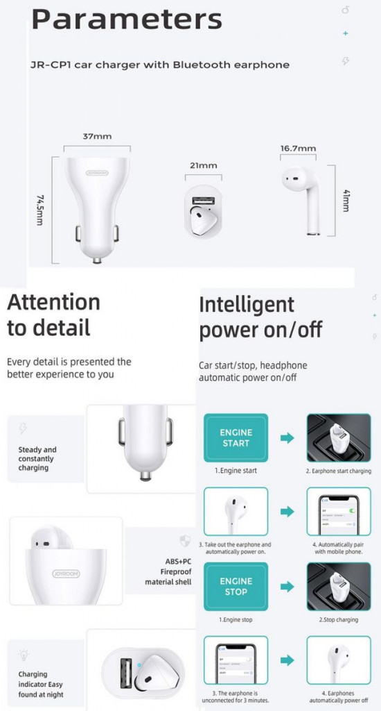 JOYROOM JR-CP1 Bluetooth Earphone Wireless Earbud Wireless Stereo Headset USB Fast Car Charger - White JOYROOM JR-CP1 Bluetooth Earphone Wireless Earbud Wireless Stereo Headset USB Fast Car Charger - White