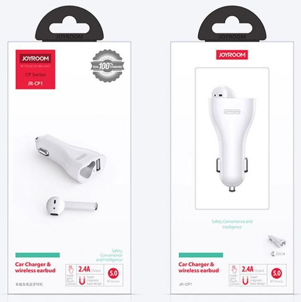 JOYROOM JR-CP1 Bluetooth Earphone Wireless Earbud Wireless Stereo Headset USB Fast Car Charger - White JOYROOM JR-CP1 Bluetooth Earphone Wireless Earbud Wireless Stereo Headset USB Fast Car Charger - White