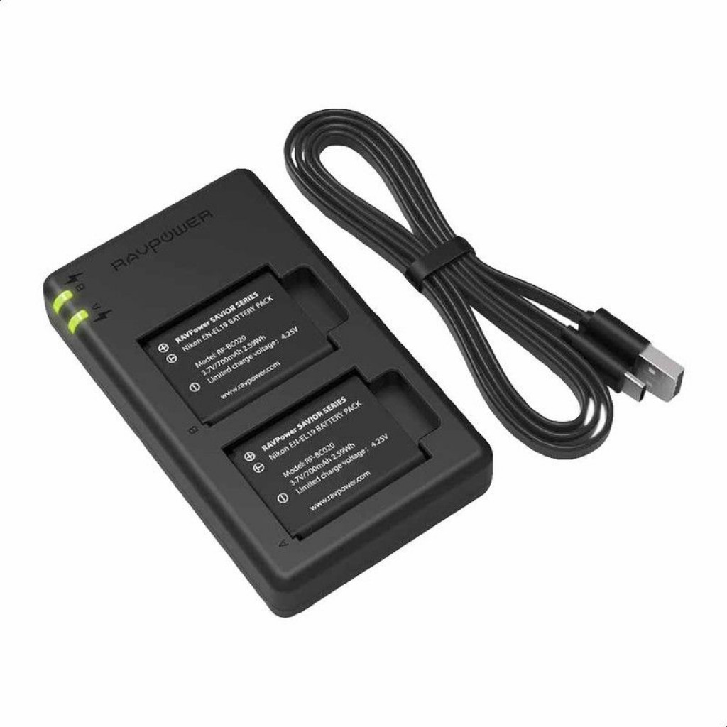 RAVPower RP-BC020 Battery Charger Set for Nikon Cameras with 2 Batteries