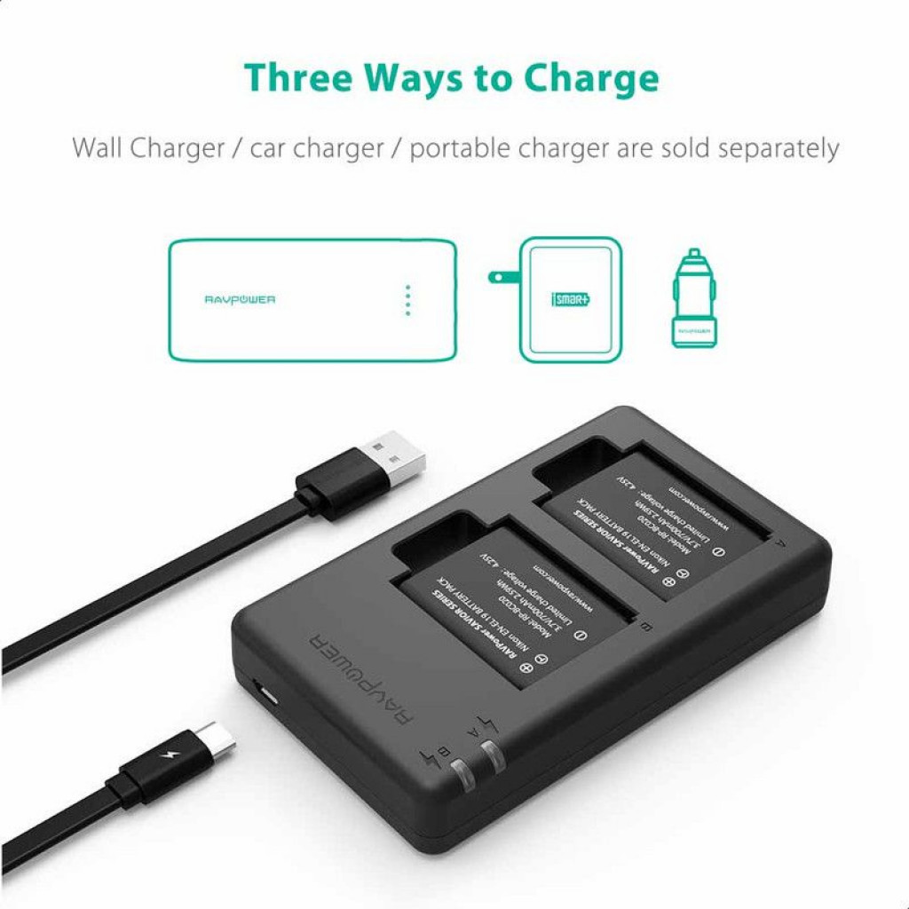 RAVPower RP-BC020 Battery Charger Set for Nikon Cameras with 2 Batteries