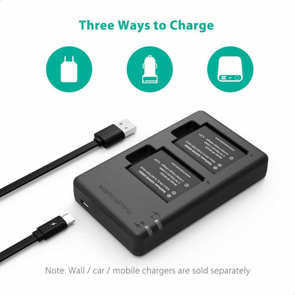 RAVPower RP-BC020 Battery Charger Set for Nikon Cameras with 2 Batteries