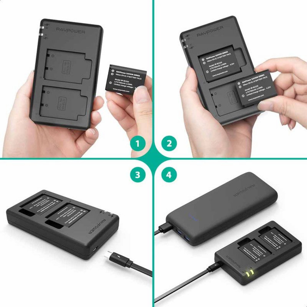 RAVPower RP-BC020 Battery Charger Set for Nikon Cameras with 2 Batteries