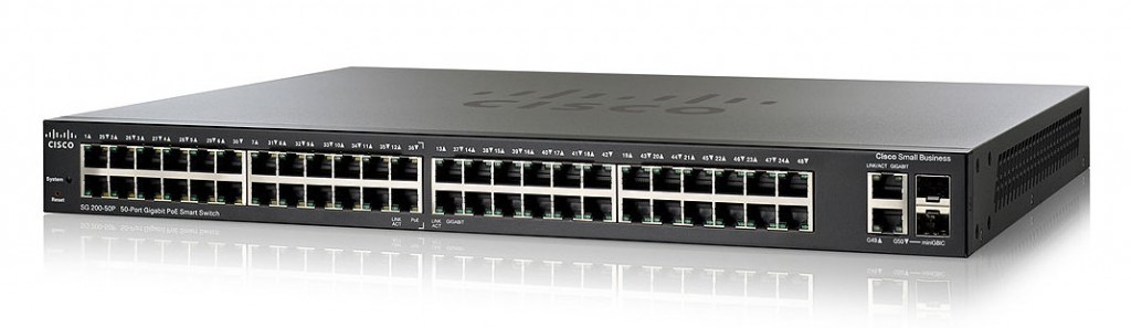 Cisco 48 Port Gigabit ( 24 POE - 180 Watts ) & 2 x combo Gigabit SFP Smart Switch / SG200-50P / SLM2048PT Cisco 48 Port Gigabit ( 24 POE - 180 Watts ) & 2 x combo Gigabit SFP Smart Switch / SG200-50P / SLM2048PT