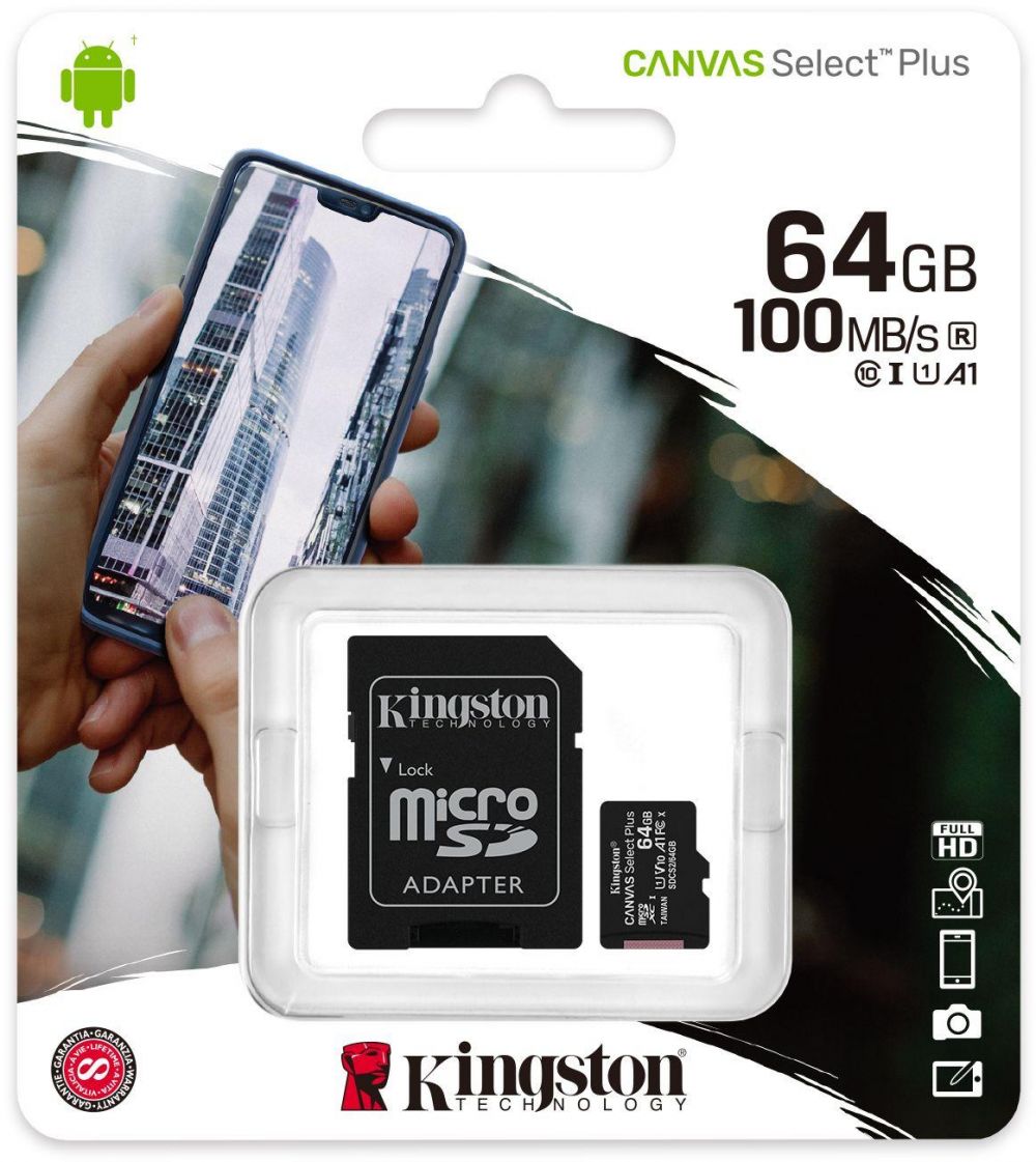Kingston 64GB MicroSD Class 10 Canvas Select Plus Card with SD Adaptor - SDCS2/64GB Kingston 64GB MicroSD Class 10 Canvas Select Plus Card with SD Adaptor - SDCS2/64GB
