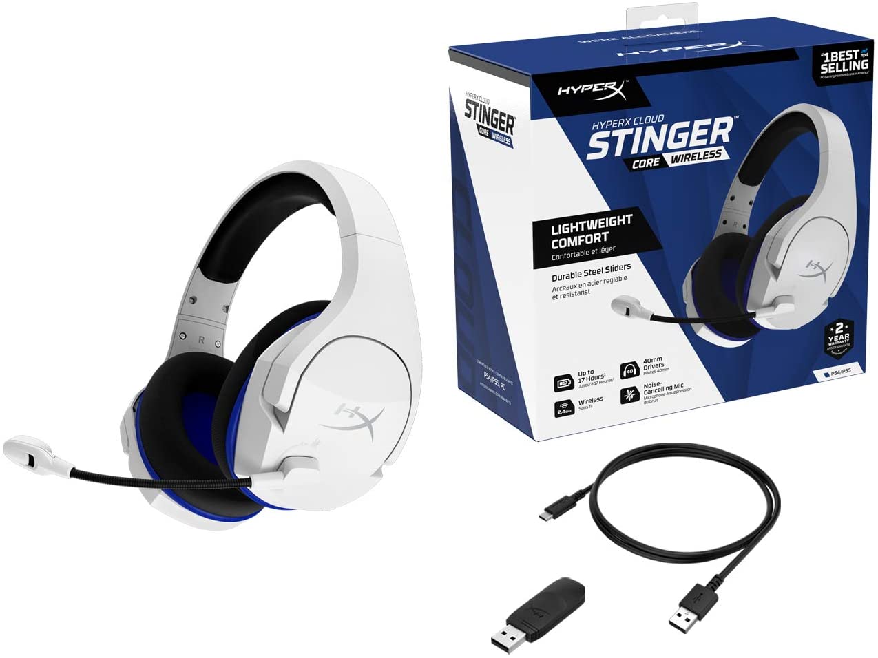 HyperX Cloud Stinger Core – Wireless Gaming Headset, for PS4, PS5, PC, Lightweight, Durable Steel Sliders, Noise-Cancelling Microphone - White HyperX Cloud Stinger Core – Wireless Gaming Headset, for PS4, PS5, PC, Lightweight, Durable Steel Sliders, Noise-Cancelling Microphone - White