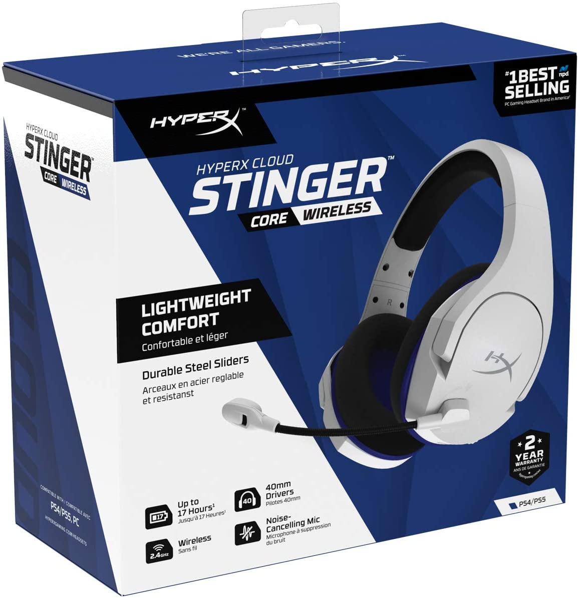 HyperX Cloud Stinger Core – Wireless Gaming Headset, for PS4, PS5, PC, Lightweight, Durable Steel Sliders, Noise-Cancelling Microphone - White HyperX Cloud Stinger Core – Wireless Gaming Headset, for PS4, PS5, PC, Lightweight, Durable Steel Sliders, Noise-Cancelling Microphone - White