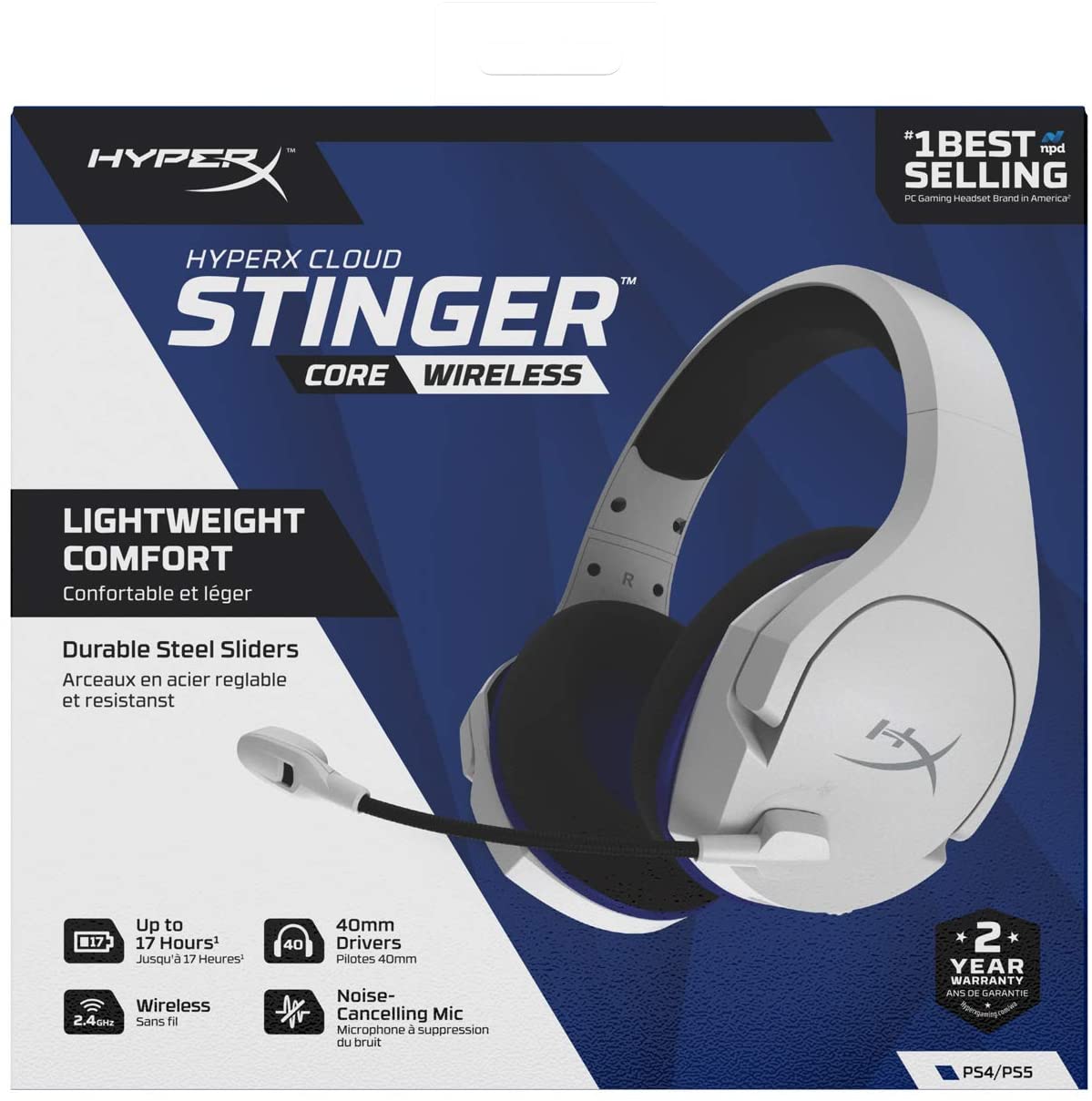 HyperX Cloud Stinger Core – Wireless Gaming Headset, for PS4, PS5, PC, Lightweight, Durable Steel Sliders, Noise-Cancelling Microphone - White HyperX Cloud Stinger Core – Wireless Gaming Headset, for PS4, PS5, PC, Lightweight, Durable Steel Sliders, Noise-Cancelling Microphone - White