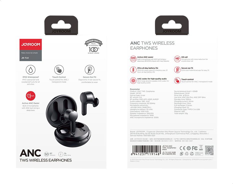 Joyroom JR-TA1 TWS Waterproof Wireless Bluetooth Earphones, Noise Reduction - Black Joyroom JR-TA1 TWS Waterproof Wireless Bluetooth Earphones, Noise Reduction - Black