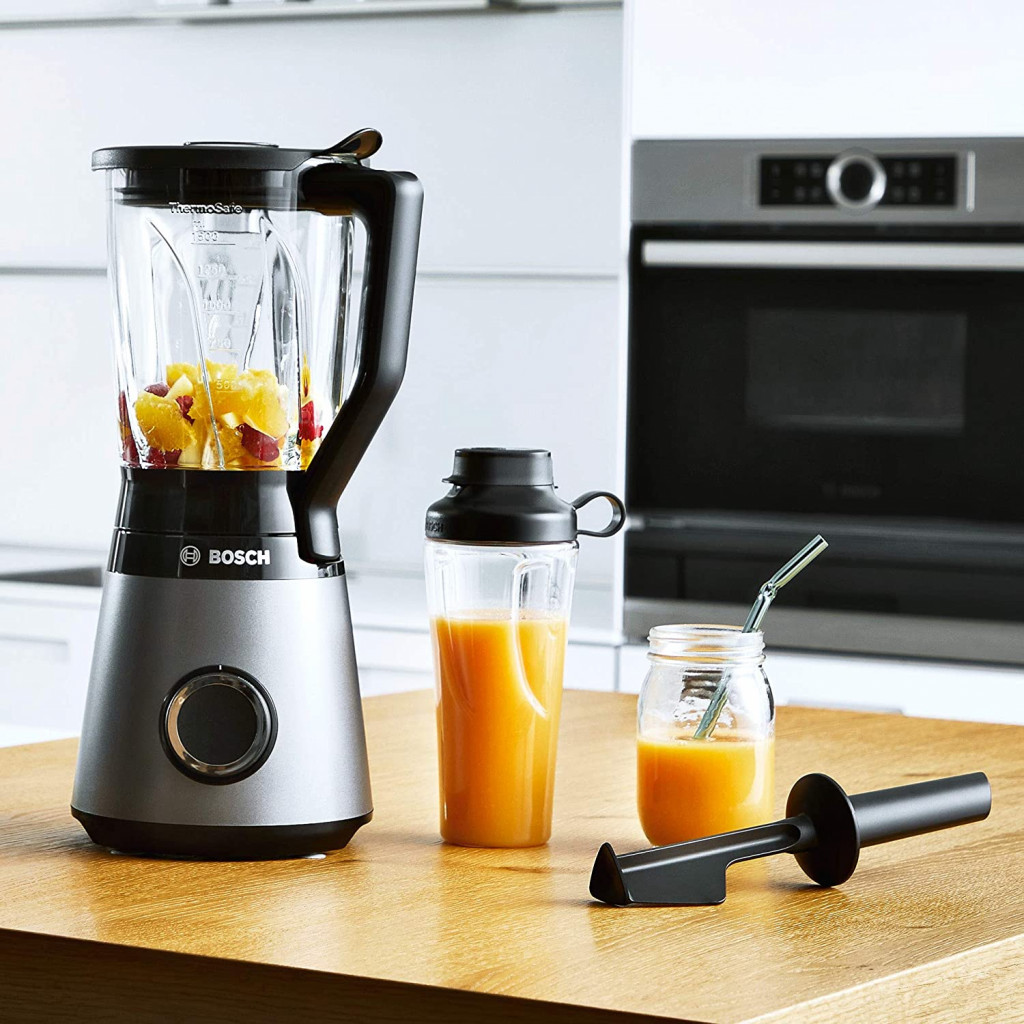 Bosch MMB6174S blender VitaPower series 4, 1200 W, 30,000 rpm, to-go bottle, solid blades Made in Germany, pusher, 1.5 L container Thermosafe glass, silver