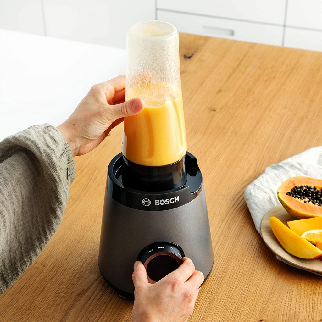 Bosch MMB6174S blender VitaPower series 4, 1200 W, 30,000 rpm, to-go bottle, solid blades Made in Germany, pusher, 1.5 L container Thermosafe glass, silver