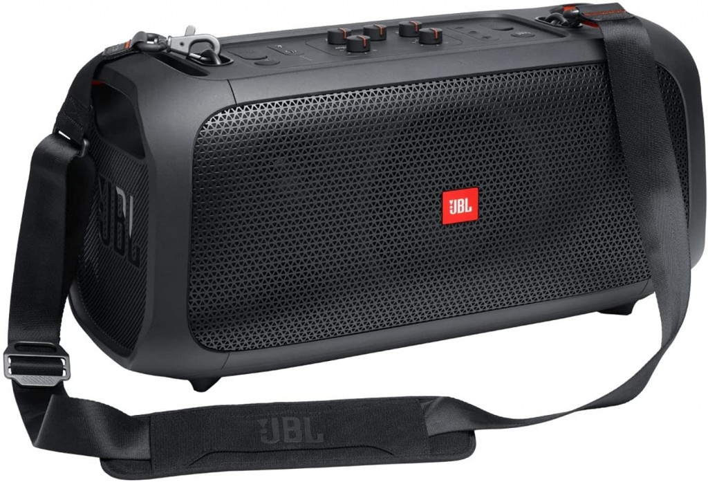 JBL PartyBox On-The-Go - سماعة كاريوكي محمولة للحفلات مع ميكروفون لاسلكي ، خرج طاقة 100 وات ، IPX4 مقاوم للرذاذ ، 6 ساعات تشغيل ، حزام كتف ومكبرات صوت لاسلكية (أسود)