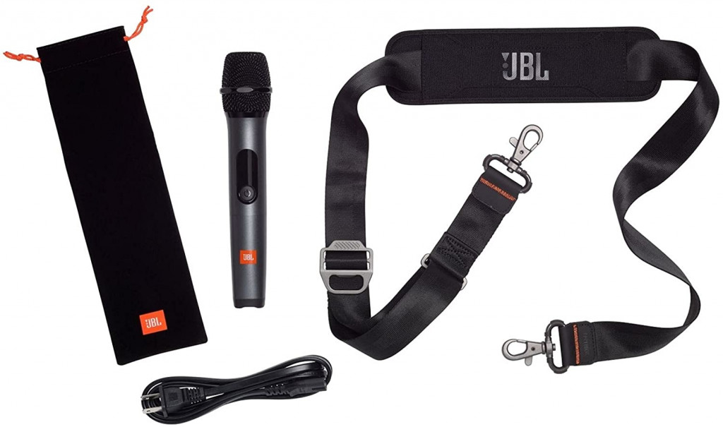 JBL PartyBox On-The-Go - سماعة كاريوكي محمولة للحفلات مع ميكروفون لاسلكي ، خرج طاقة 100 وات ، IPX4 مقاوم للرذاذ ، 6 ساعات تشغيل ، حزام كتف ومكبرات صوت لاسلكية (أسود)