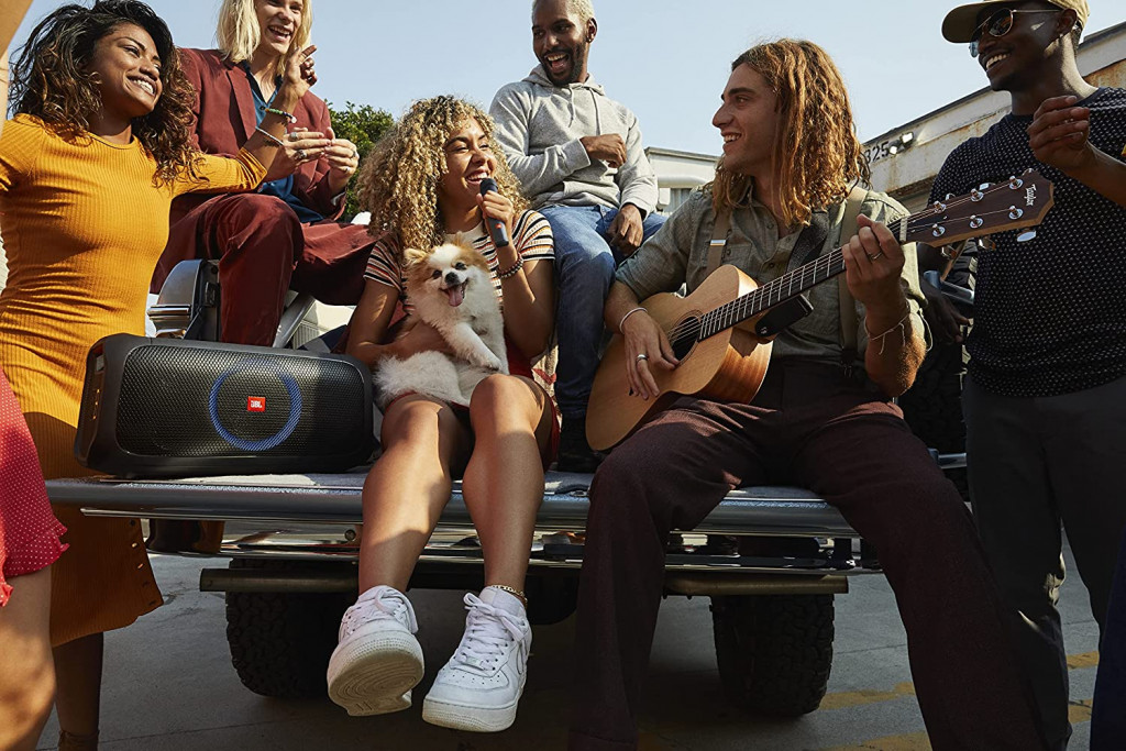 JBL PartyBox On-The-Go - A Portable Karaoke Party Speaker with Wireless Microphone, 100W Power Output, IPX4 splashproof, 6 Playtime Hours, Shoulder Strap and Wireless 2 Party Speakers Pairing (Black) JBL PartyBox On-The-Go - A Portable Karaoke Party Speaker with Wireless Microphone, 100W Power Output, IPX4 splashproof, 6 Playtime Hours, Shoulder Strap and Wireless 2 Party Speakers Pairing (Black)