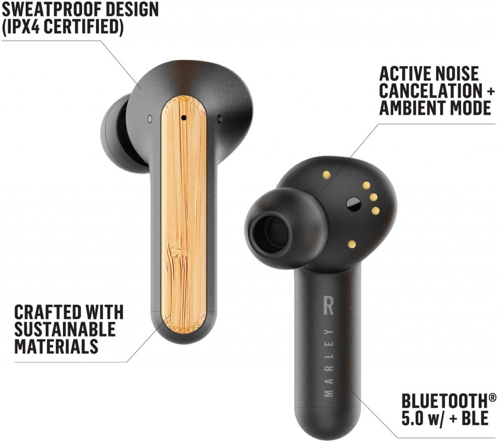 House of Marley Redemption ANC: Noise Cancelling True Wireless Earbuds with Microphone, Bluetooth Connectivity, 20 Hours Total Playtime, and Sustainable Materials, Signature Black