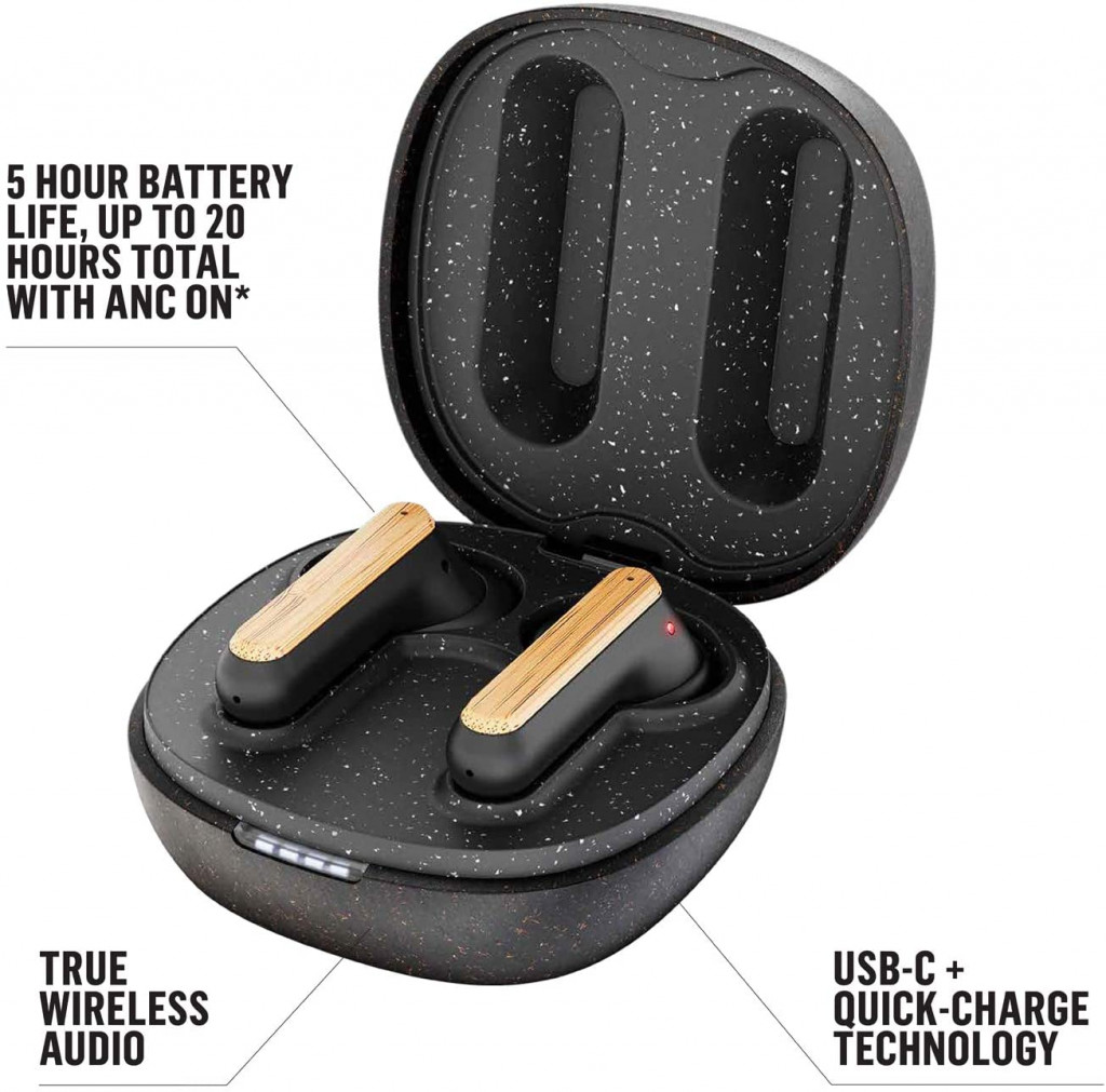 House of Marley Redemption ANC: Noise Cancelling True Wireless Earbuds with Microphone, Bluetooth Connectivity, 20 Hours Total Playtime, and Sustainable Materials, Signature Black