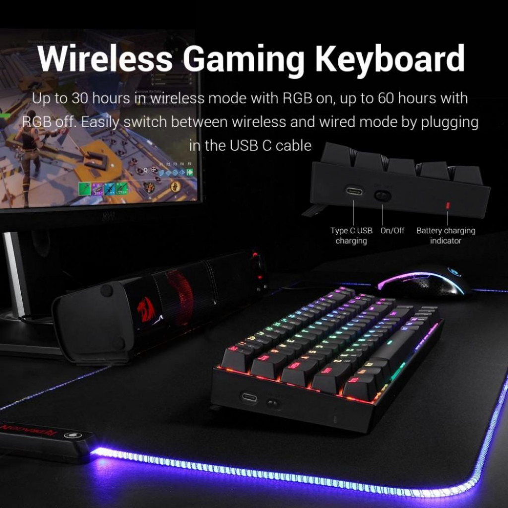 Redragon K599 RGB Wireless & Wired MECHANICAL GAMING KEYBOARD - RED SWITCHES -  60% COMPACT 70 KEYS - up to 30 hours battery life - detachable USB cable & Nano USB Receiver