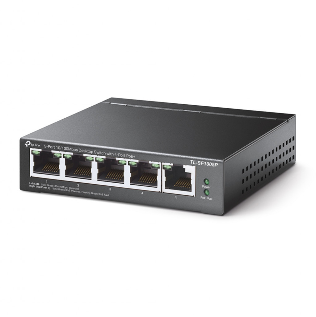TP-Link TL-SF1005P V2 | 5 Port Fast Ethernet PoE Switch | 4 PoE+ Ports @67W | Desktop | Plug & Play | Sturdy Metal w/ Shielded Ports | Fanless | Limited Lifetime Protection | Extend & Priority Mode TP-Link TL-SF1005P V2 | 5 Port Fast Ethernet PoE Switch | 4 PoE+ Ports @67W | Desktop | Plug & Play | Sturdy Metal w/ Shielded Ports | Fanless | Limited Lifetime Protection | Extend & Priority Mode