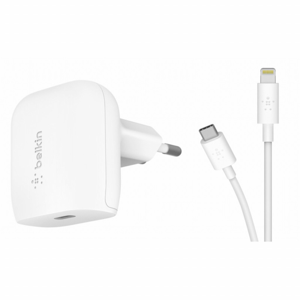 Belkin F7U096VF04 18W USB-C PD Wall Charger + USB-C to Lightning Cable White Belkin F7U096VF04 18W USB-C PD Wall Charger + USB-C to Lightning Cable White
