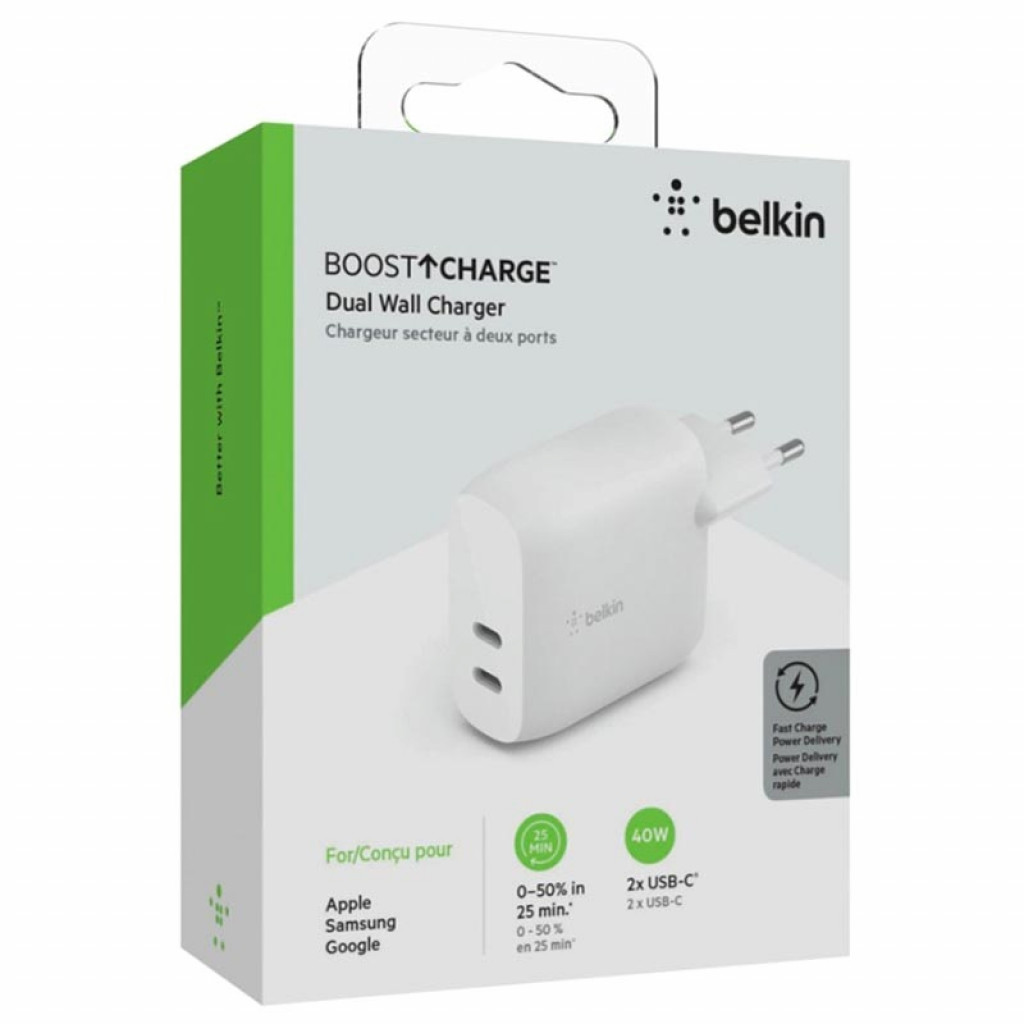 Belkin WCB006VFWH BOOST CHARGE 2-Port USB-C PD 40W Wall Charger, White Belkin WCB006VFWH BOOST CHARGE 2-Port USB-C PD 40W Wall Charger, White