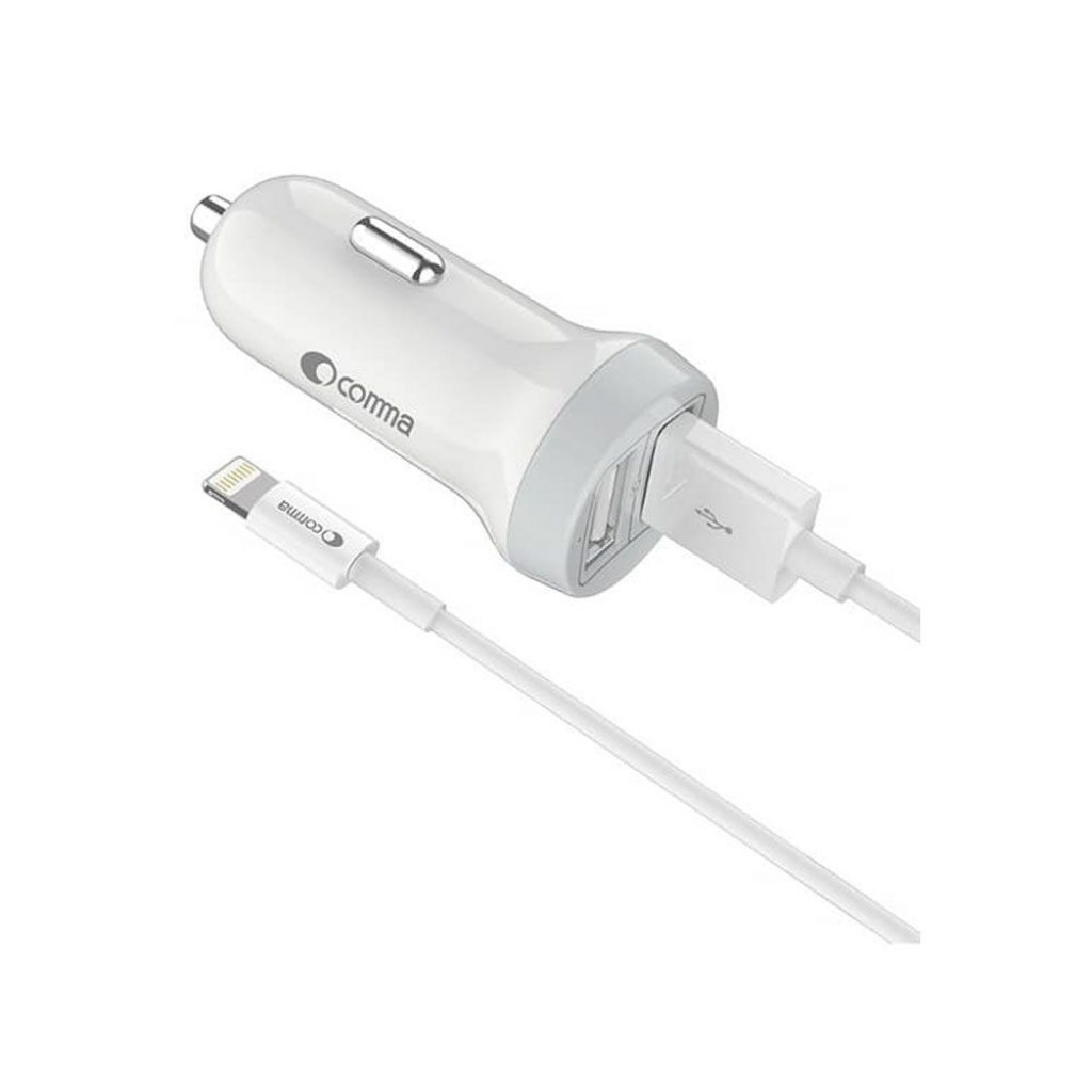 Comma Car Charger with Lightning Cable - 2.4A 2USB Plastic - EA289 - White
