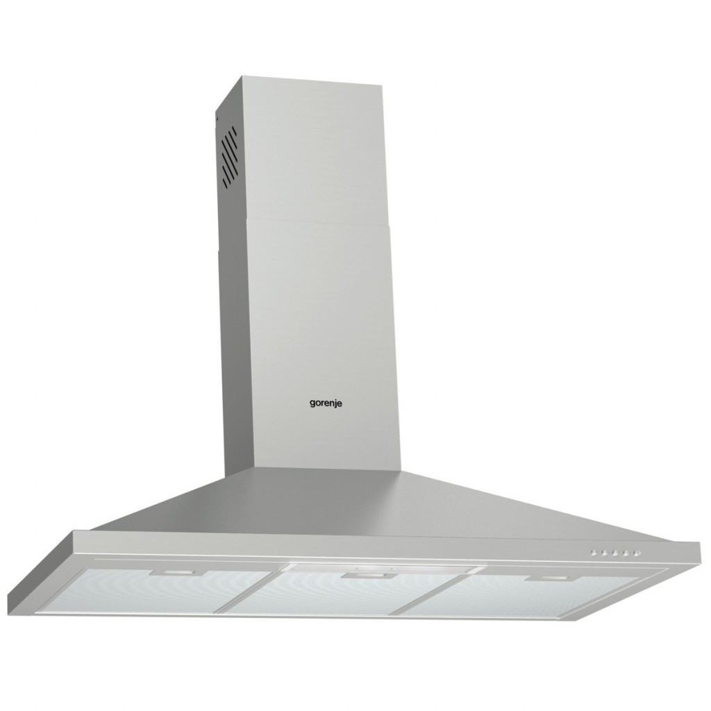 Chimney hood 90 cm, stainless steel, 3 speeds, air extraction 298  m³/h, Washable aluminium filter with polyurethane foam.