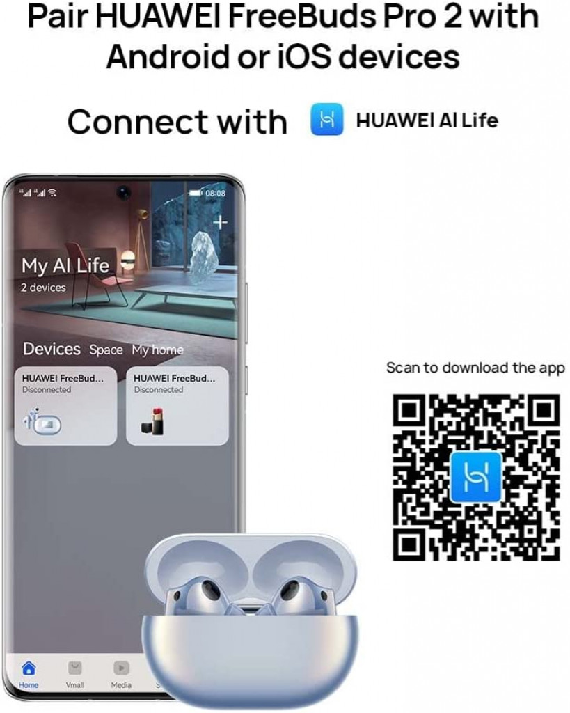 Huawei Freebuds Pro 2, Dual Speaker True Sound, Pure Voice, Intelligent Anc 2.0, Triple Adaptive Eq, Dual Device Connection, Silver Frost, 55035845,